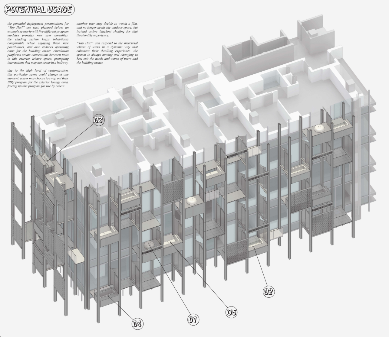 Cutaway axonometric showing modular frame system with vertical columns supporting unit enclosures beneath flexible roof plan above