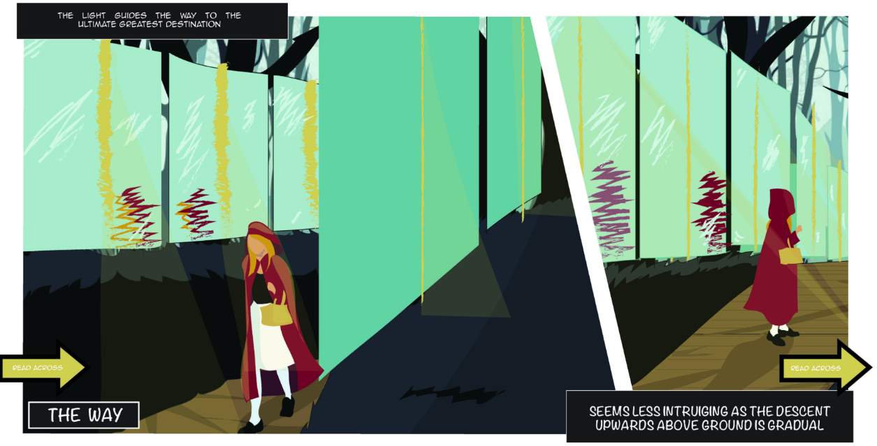 Perspective view of a ramped interior walkway with vertical green glazed panels and silhouetted figures
