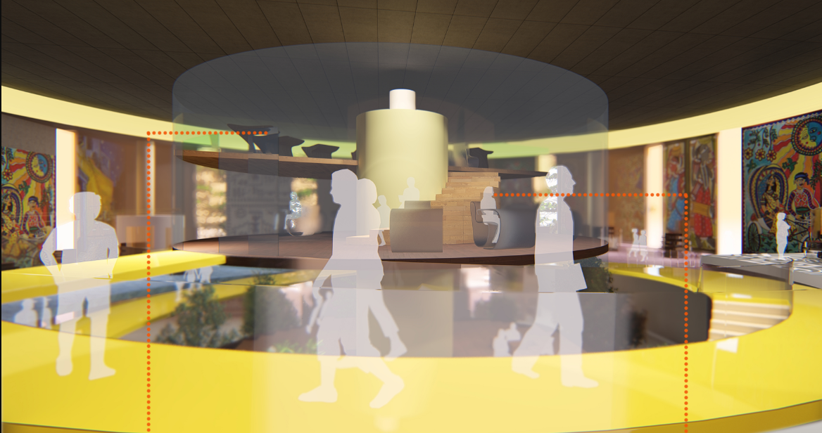 A circular retail interior connects galleries, workshops and gathering spaces through a continuous yellow pathway.