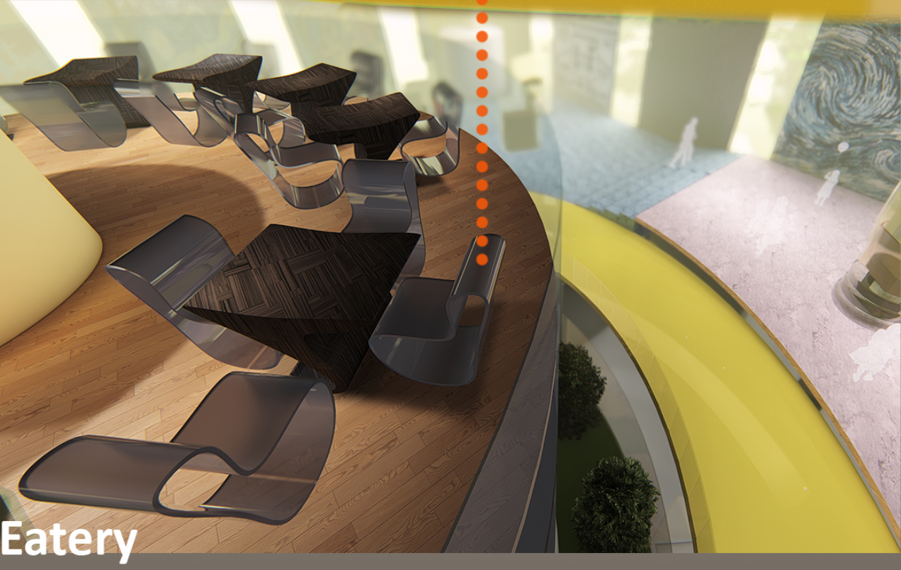 The elevated eatery overlooks the central void with sculptural seating and panoramic views.