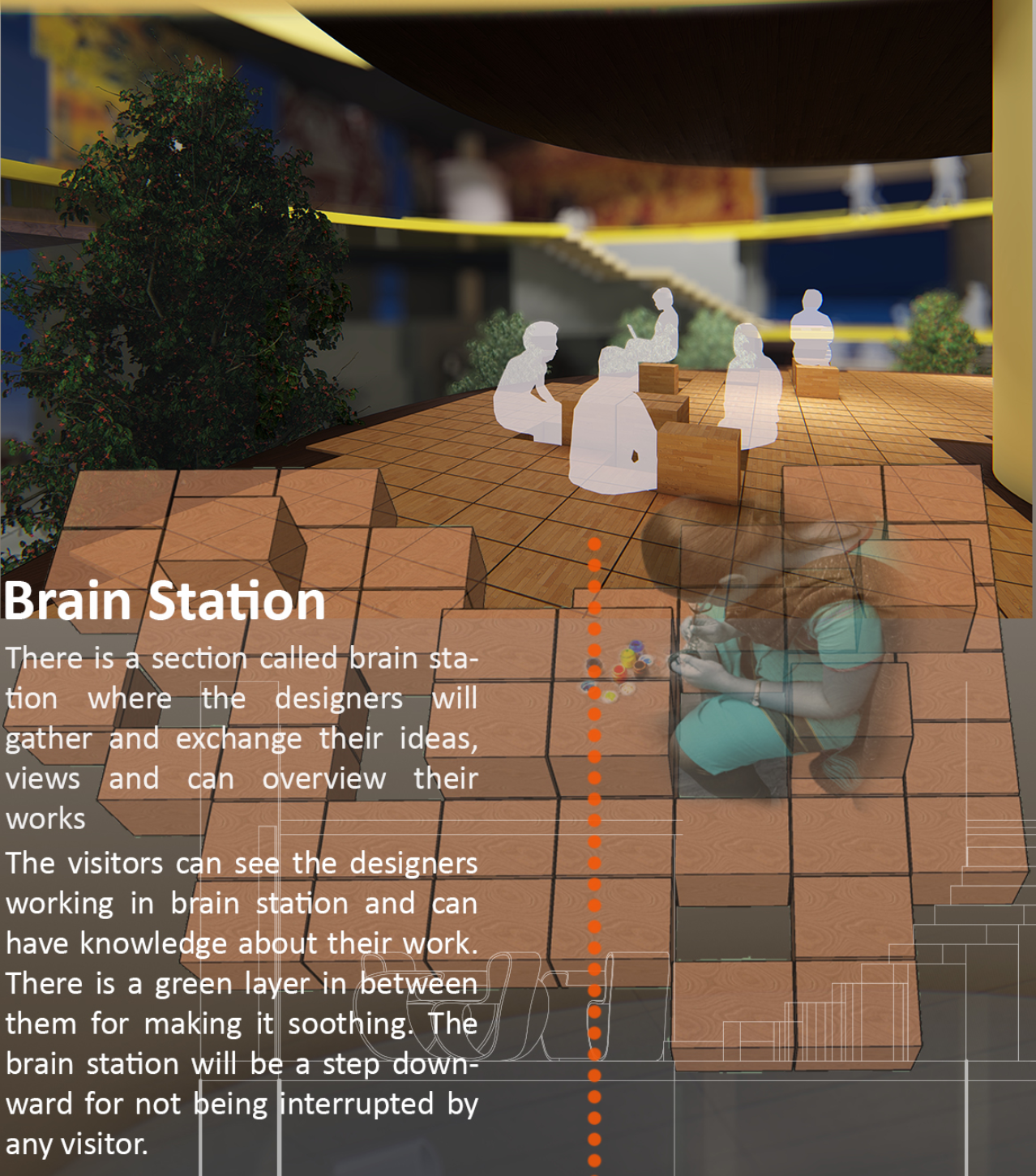 The Brain Station offers designers a collaborative workspace surrounded by greenery and visible creative activity.