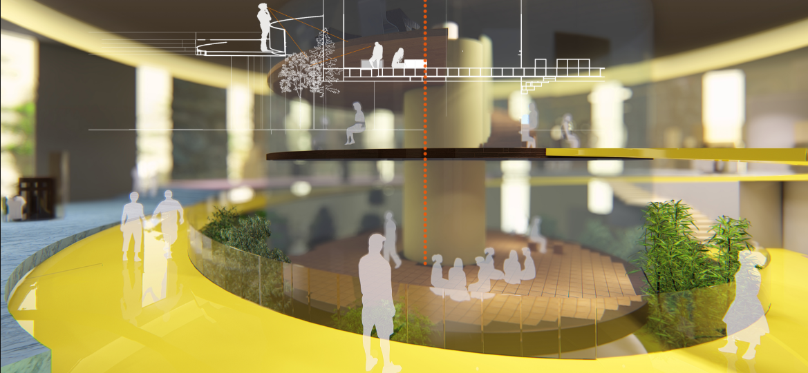 Layered platforms, curved circulation and planted edges create a connected multi-level interior.