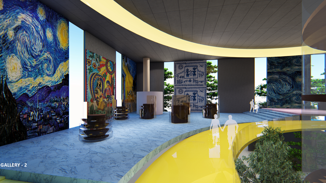 Gallery 2 combines large-scale artwork, interactive displays and a luminous yellow circulation loop.