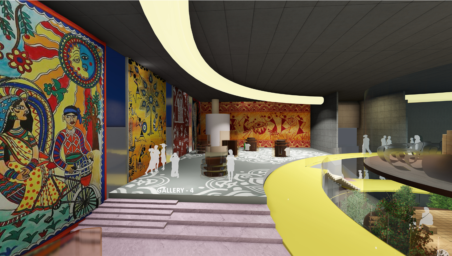 Curved pathways and stepped transitions guide visitors through a vibrant, technology-driven gallery environment.