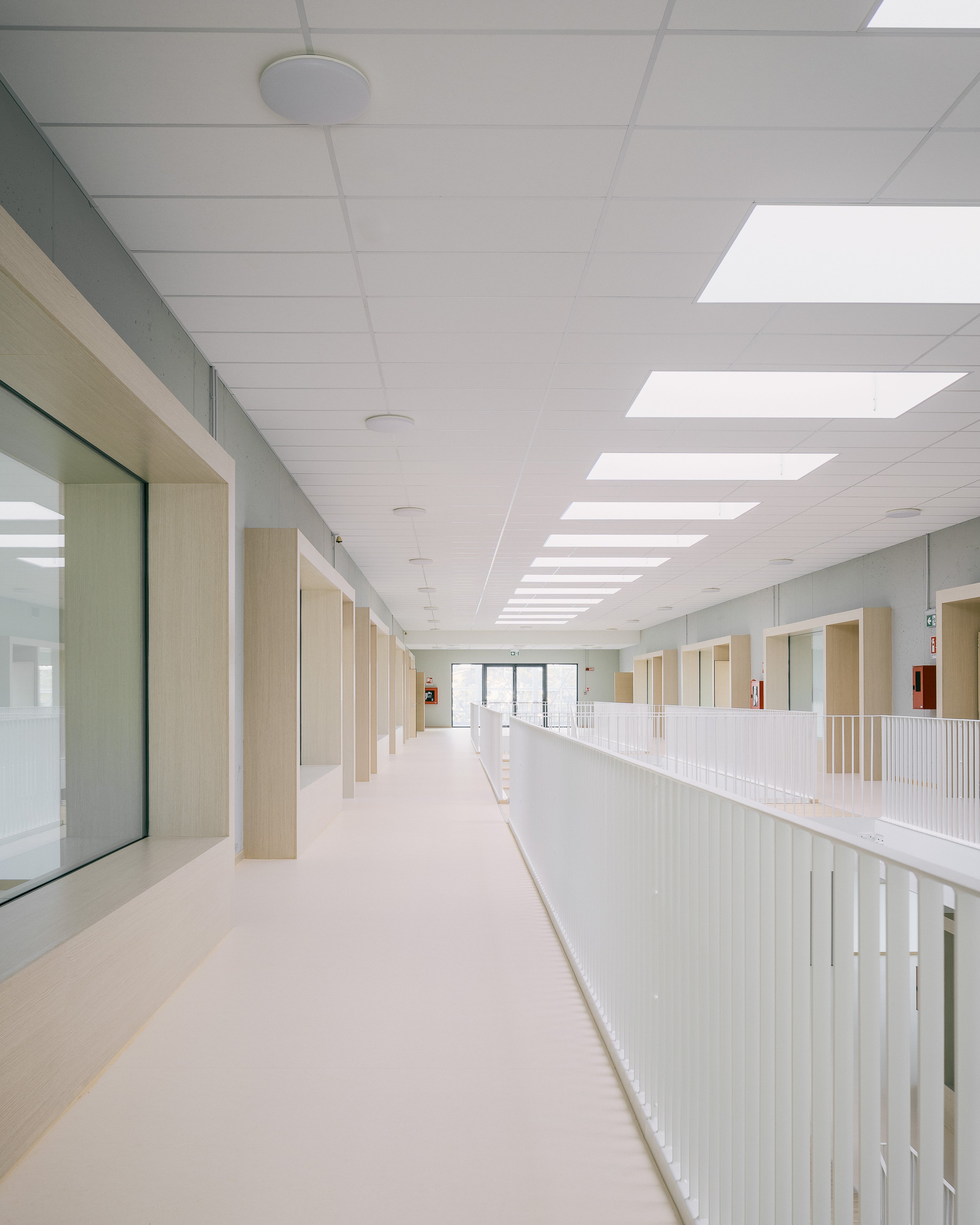 Glazed surfaces connect classrooms and corridors. Photo © Aldo Amoretti