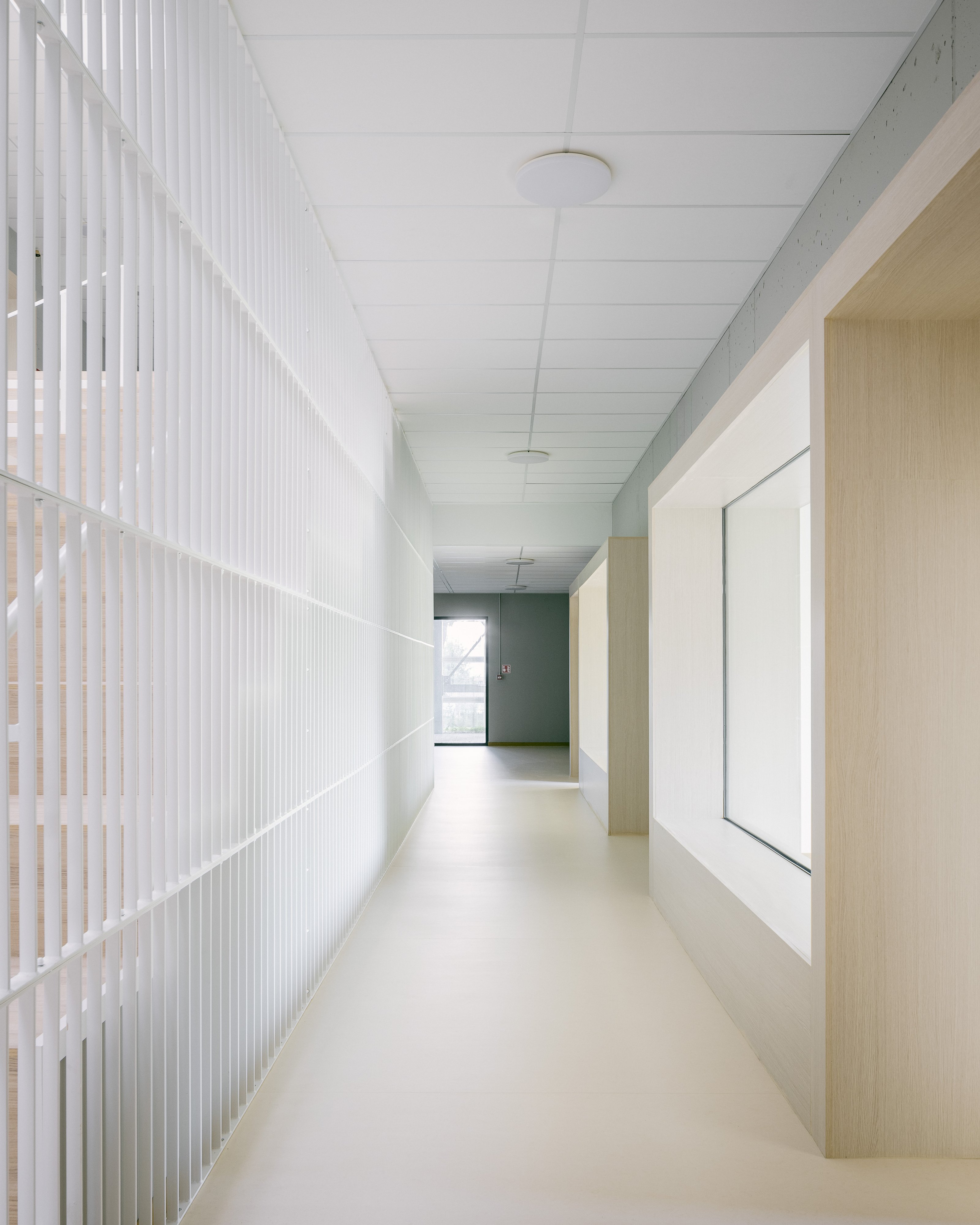 A corridor lit through the classroom glazing. Photo © Aldo Amoretti