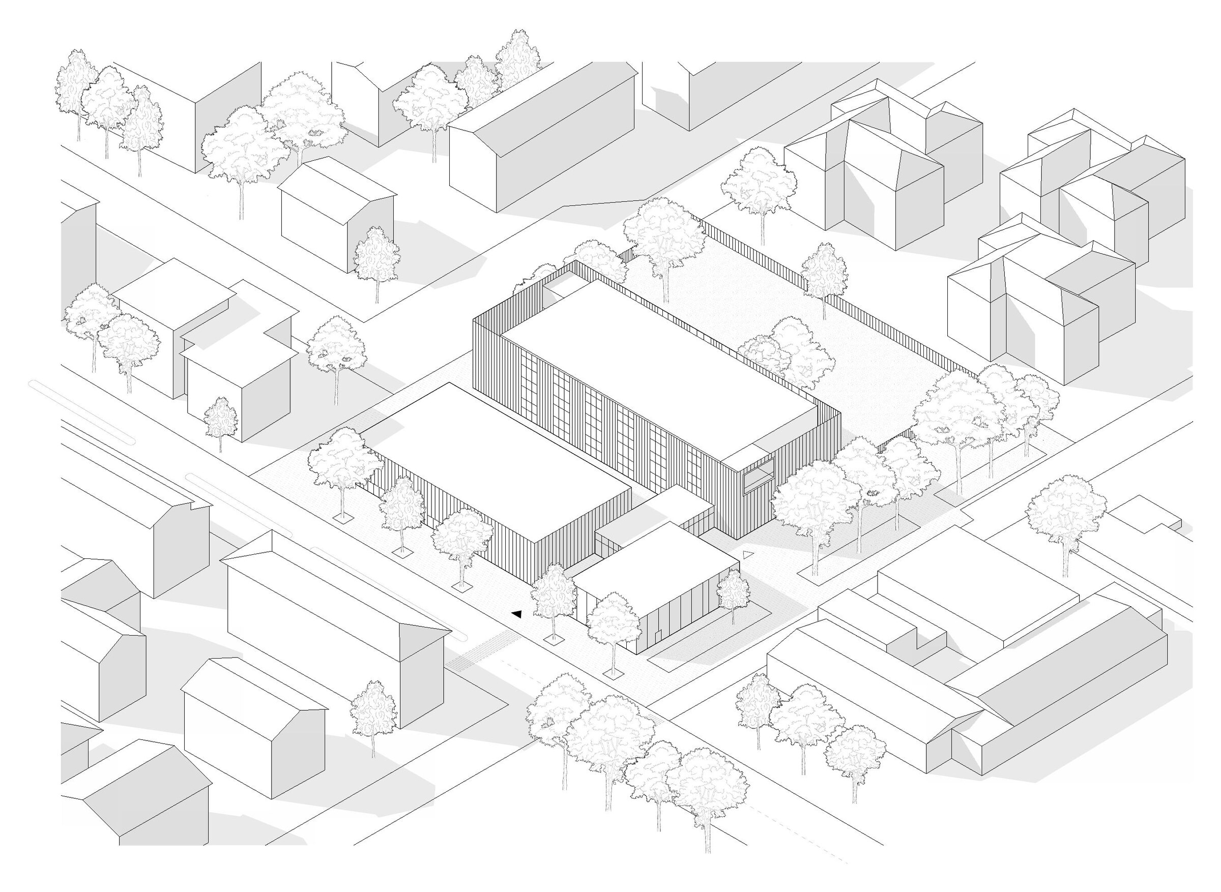Axonometric view of the school, gymnasium and auditorium pavilions. Drawing: Archisbang and Areaprogetti