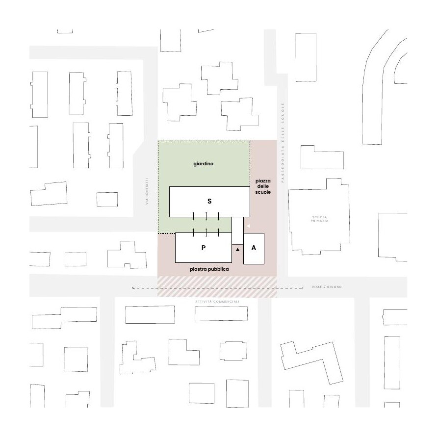 Diagram of the pavilions, the School Promenade, the public square and the garden. Drawing: Archisbang and Areaprogetti