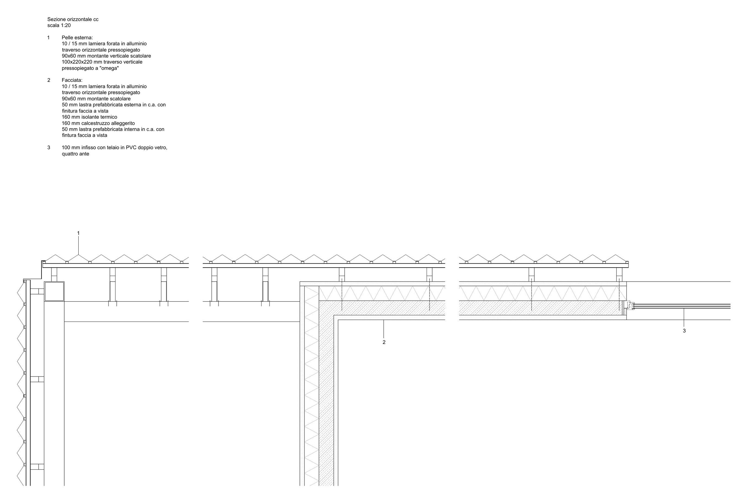 Horizontal section detail of the pleated metal skin, scale 1:20. Drawing: Archisbang and Areaprogetti