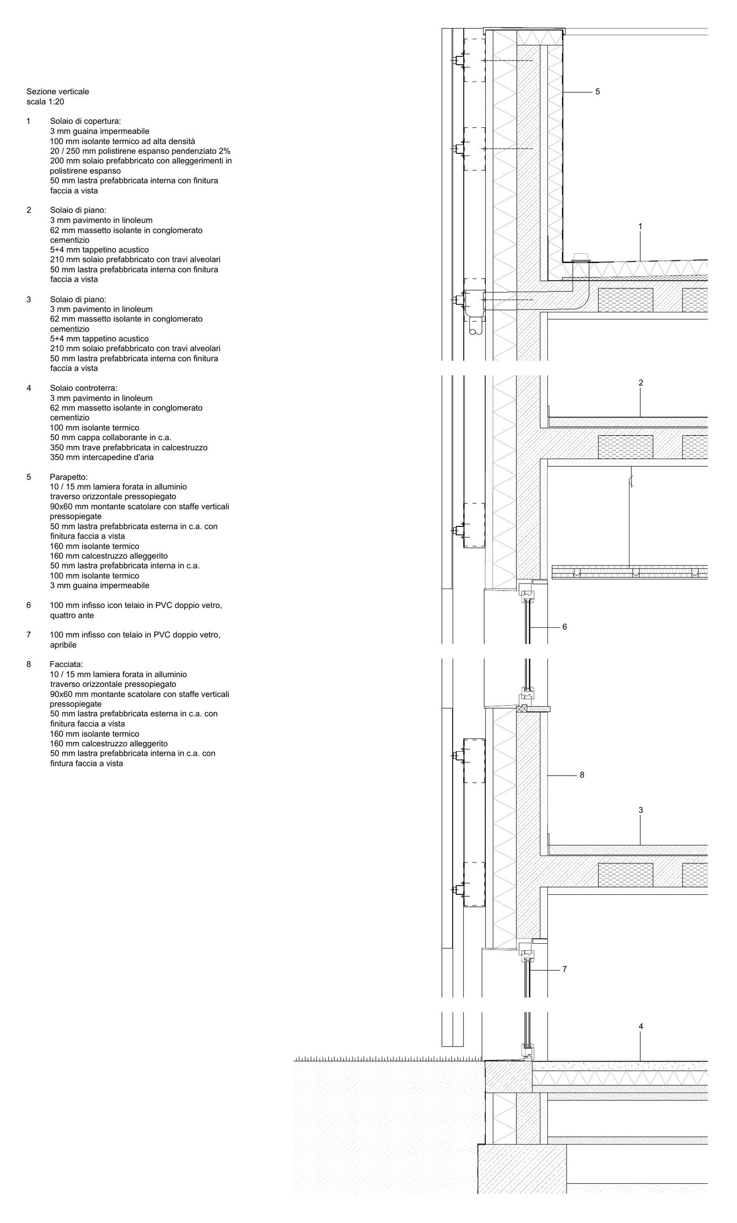 Vertical section detail at the roof, scale 1:20. Drawing: Archisbang and Areaprogetti