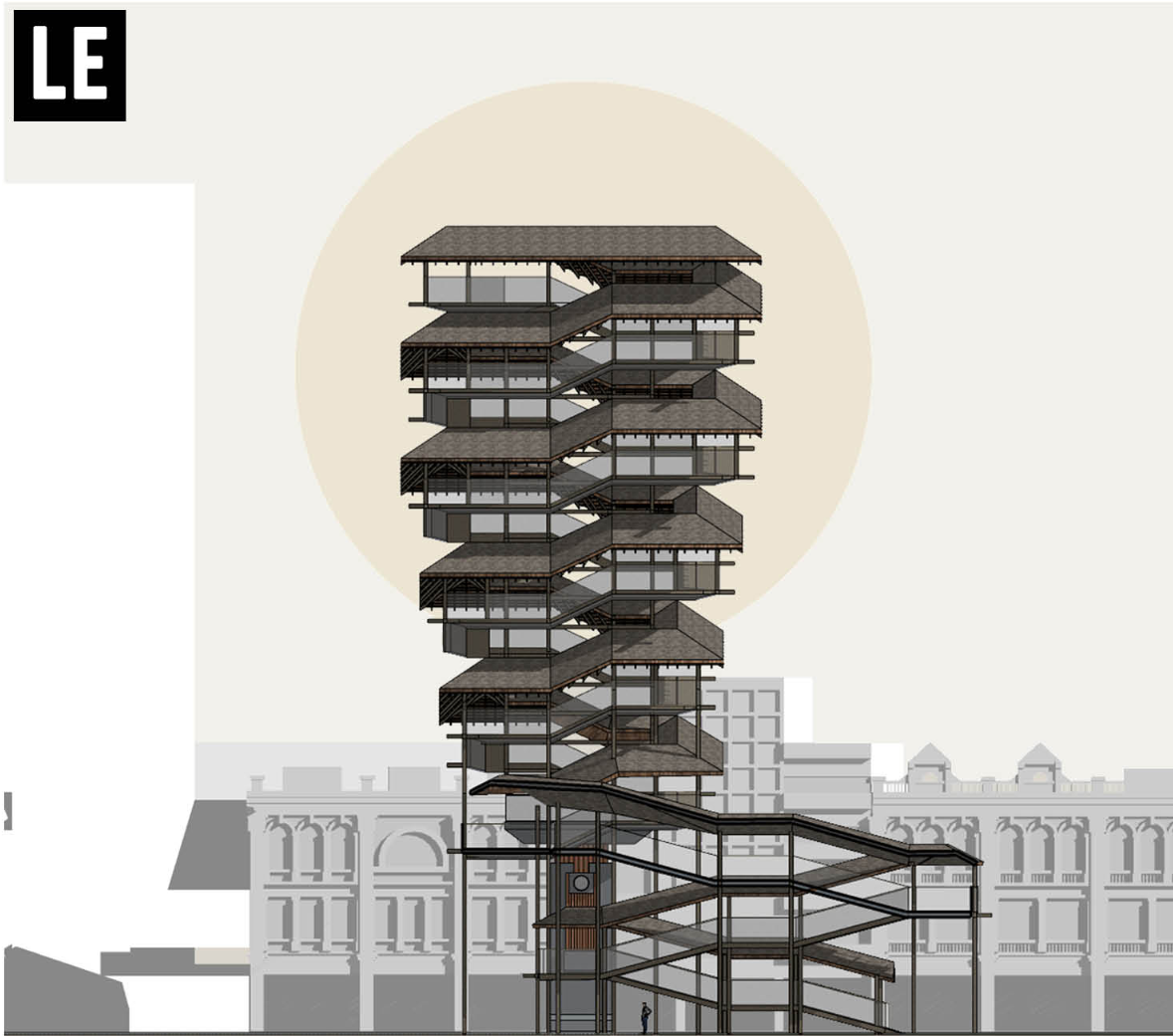 Vertical elevation showing the layered verandah structure rising around Medan Pasar’s historic clock tower.