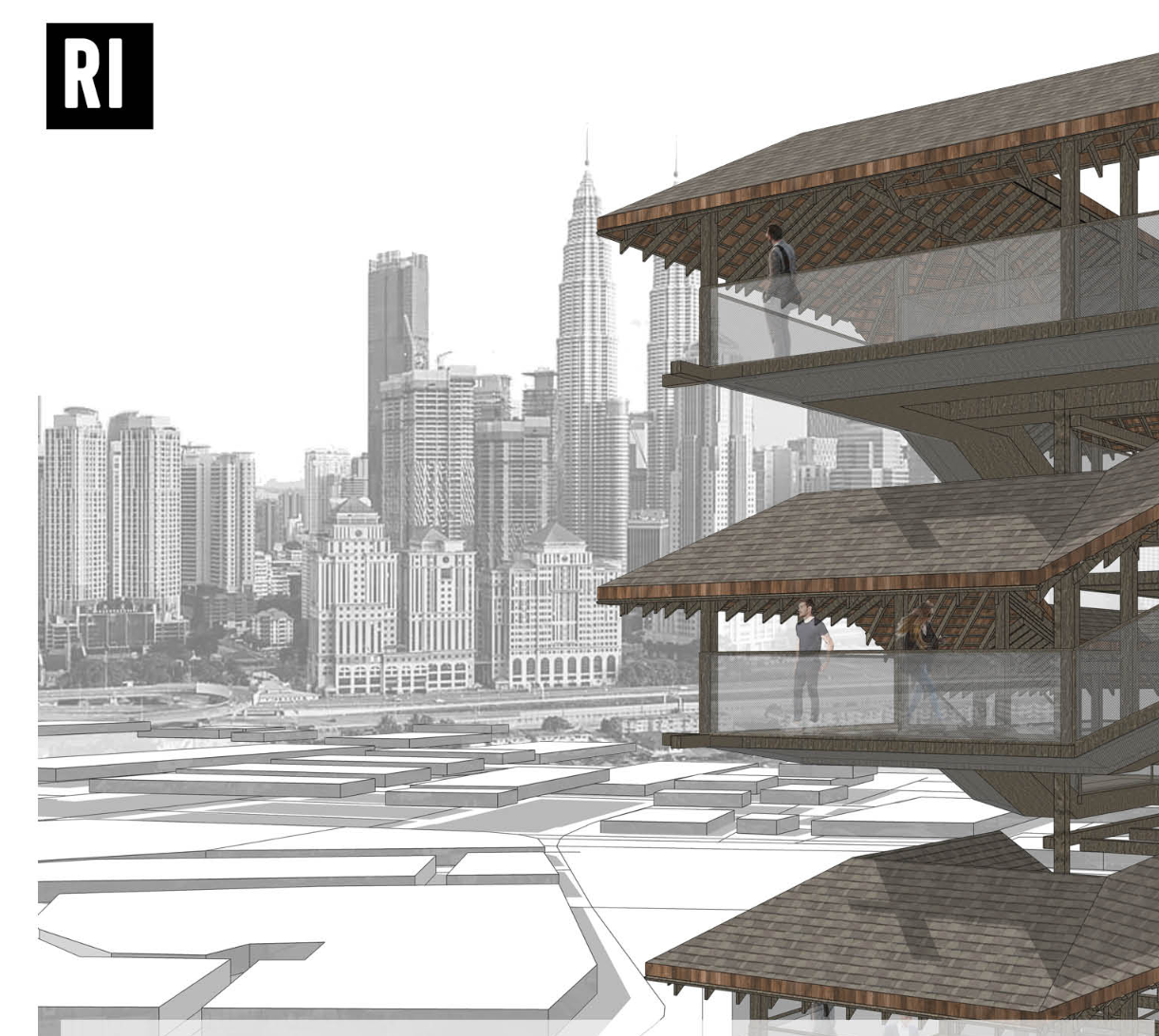Elevated viewing terraces frame panoramic views across Kuala Lumpur’s dense urban skyline.