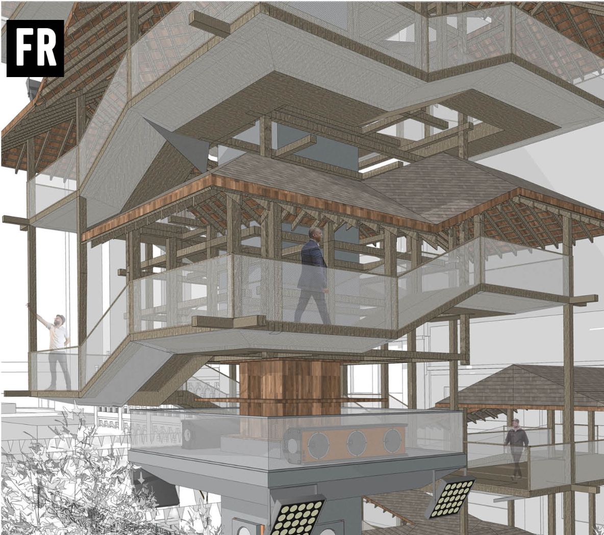 Timber-framed platforms integrate shaded circulation, gathering areas, and event-support infrastructure.