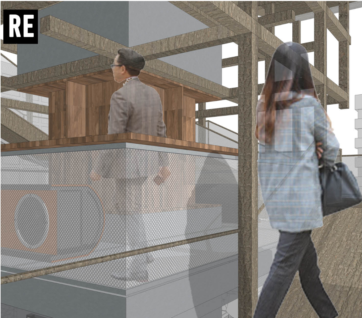 Close-up view of the accessible walkway wrapping around the retained clock-tower core.