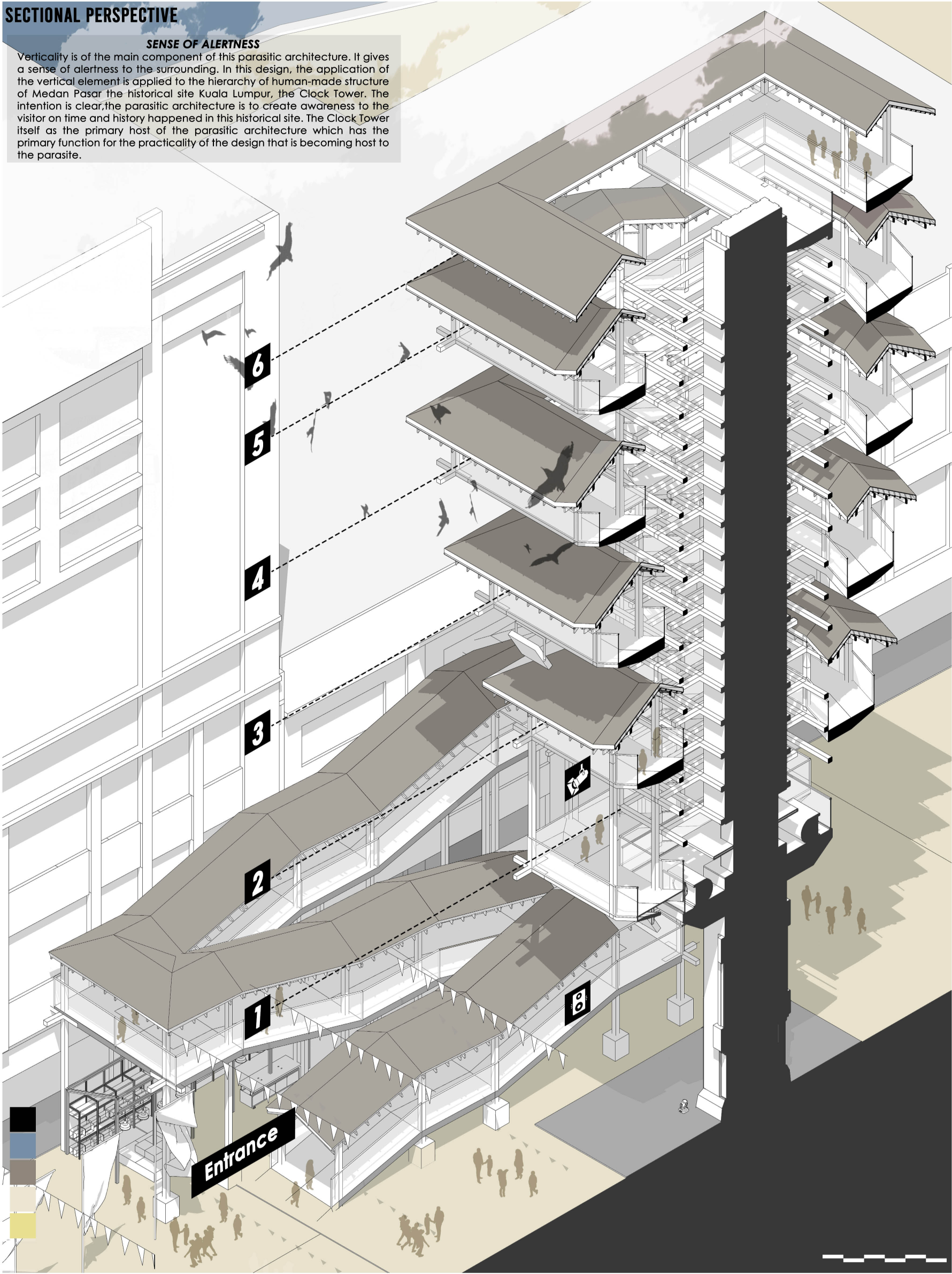 Sectional perspective illustrating the continuous climb through ramps, platforms, roofs, and elevated public spaces.