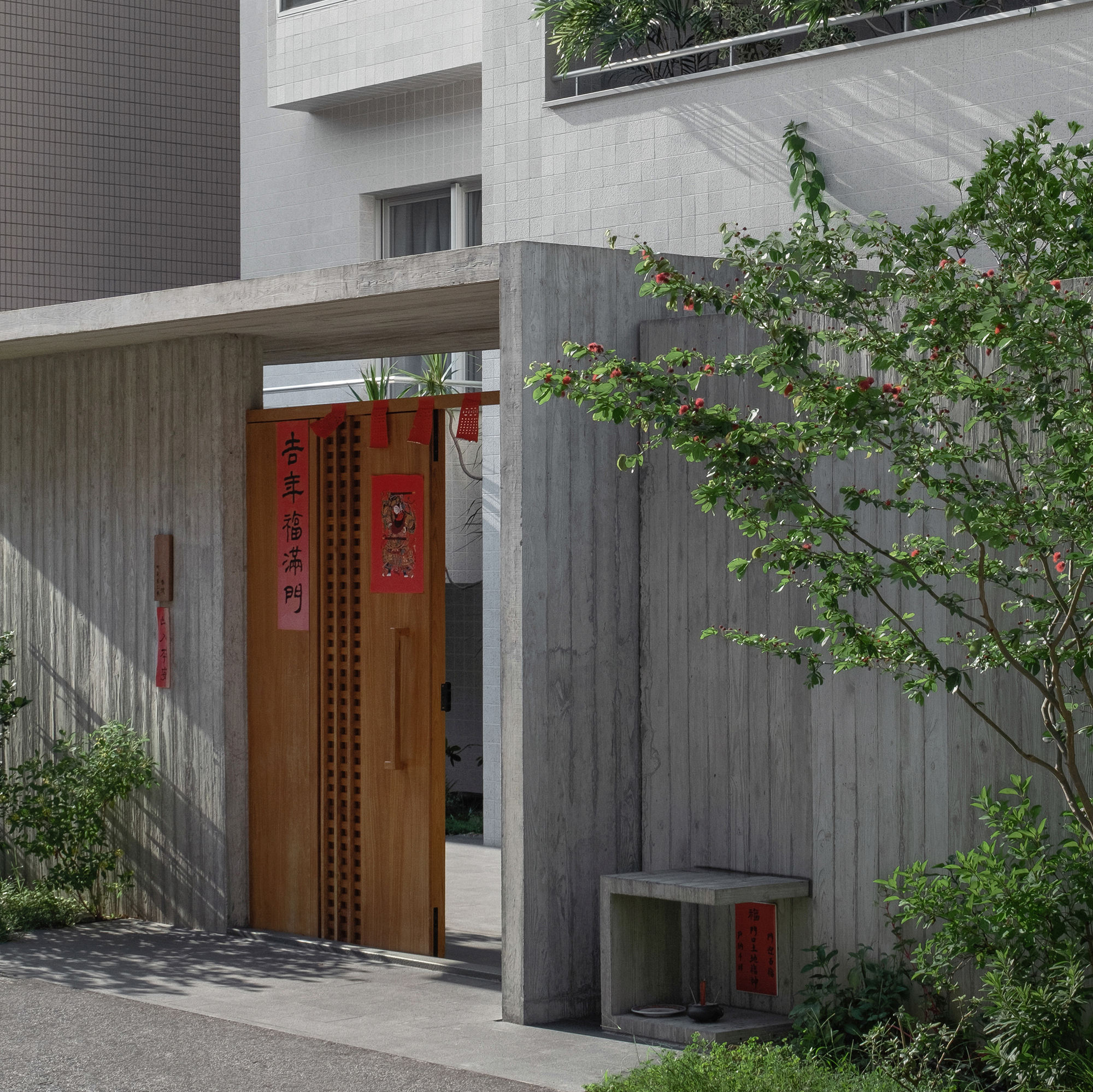 Entry courtyard with timber door and board-formed concrete walls beside a flowering tree casting shadows
