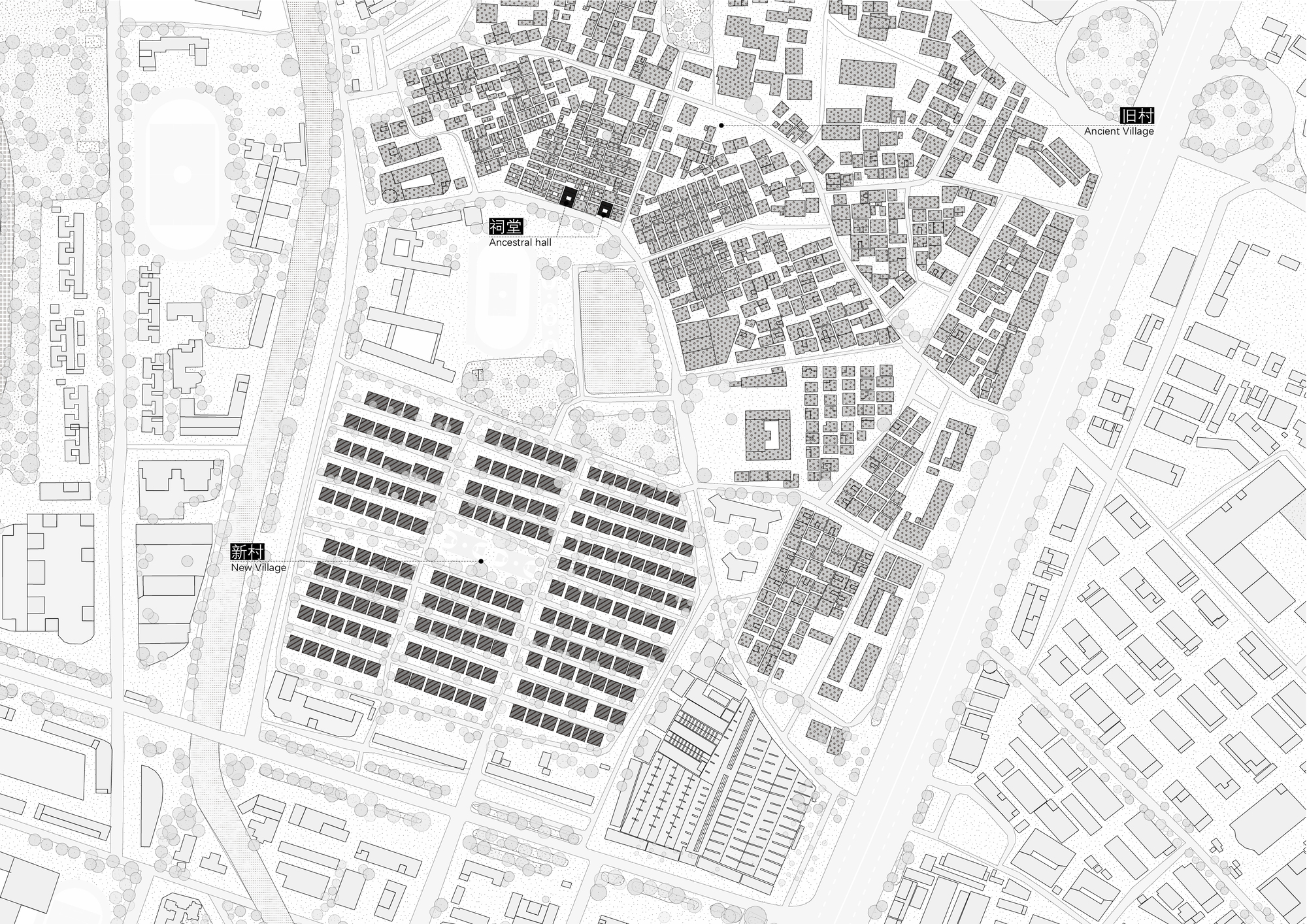 Site plan drawing showing residential blocks arranged in geometric rows with ancestral hall and landscaped areas