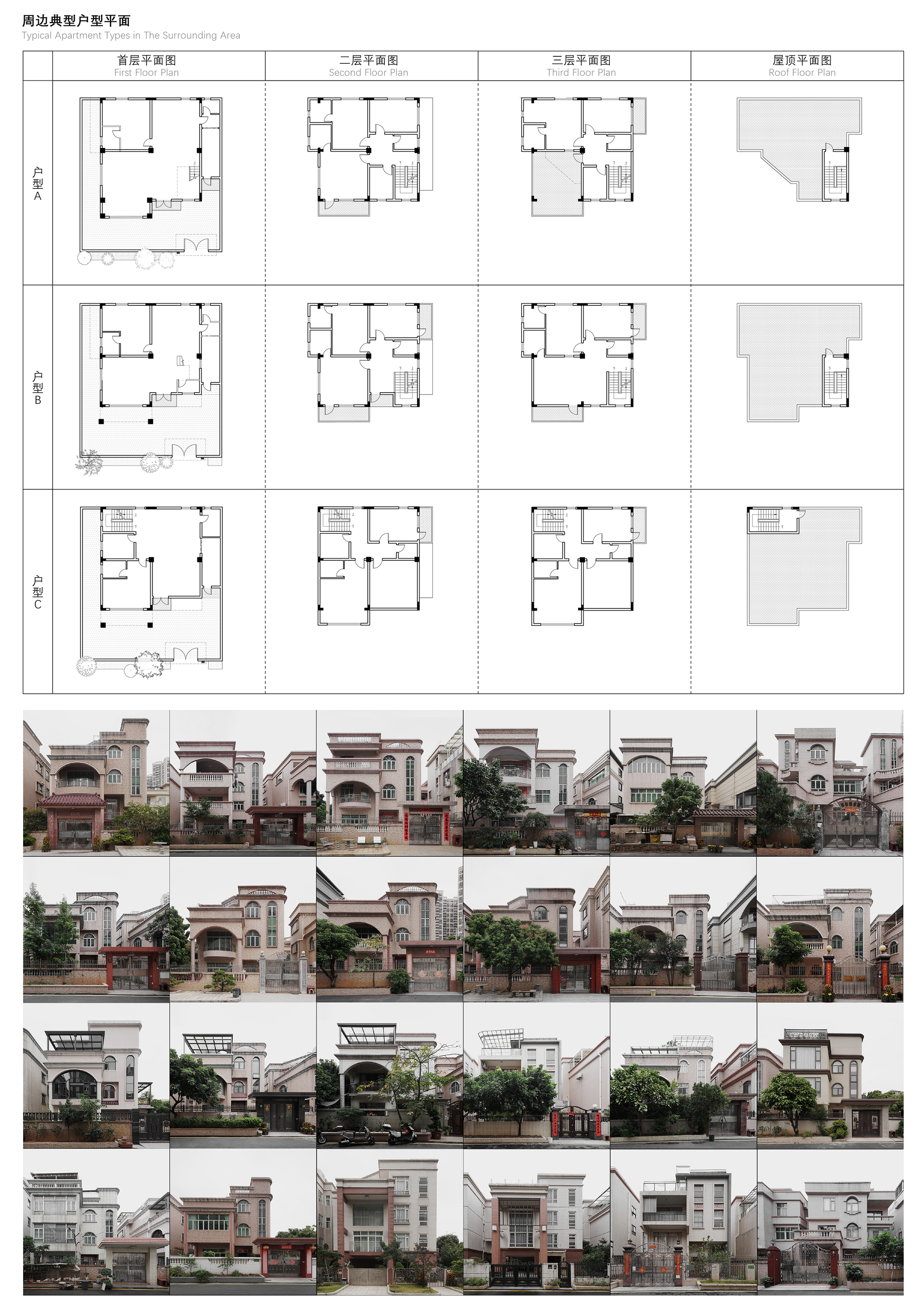 Typological grid showing floor plans and street elevations of twelve distinct residential house variations with gardens