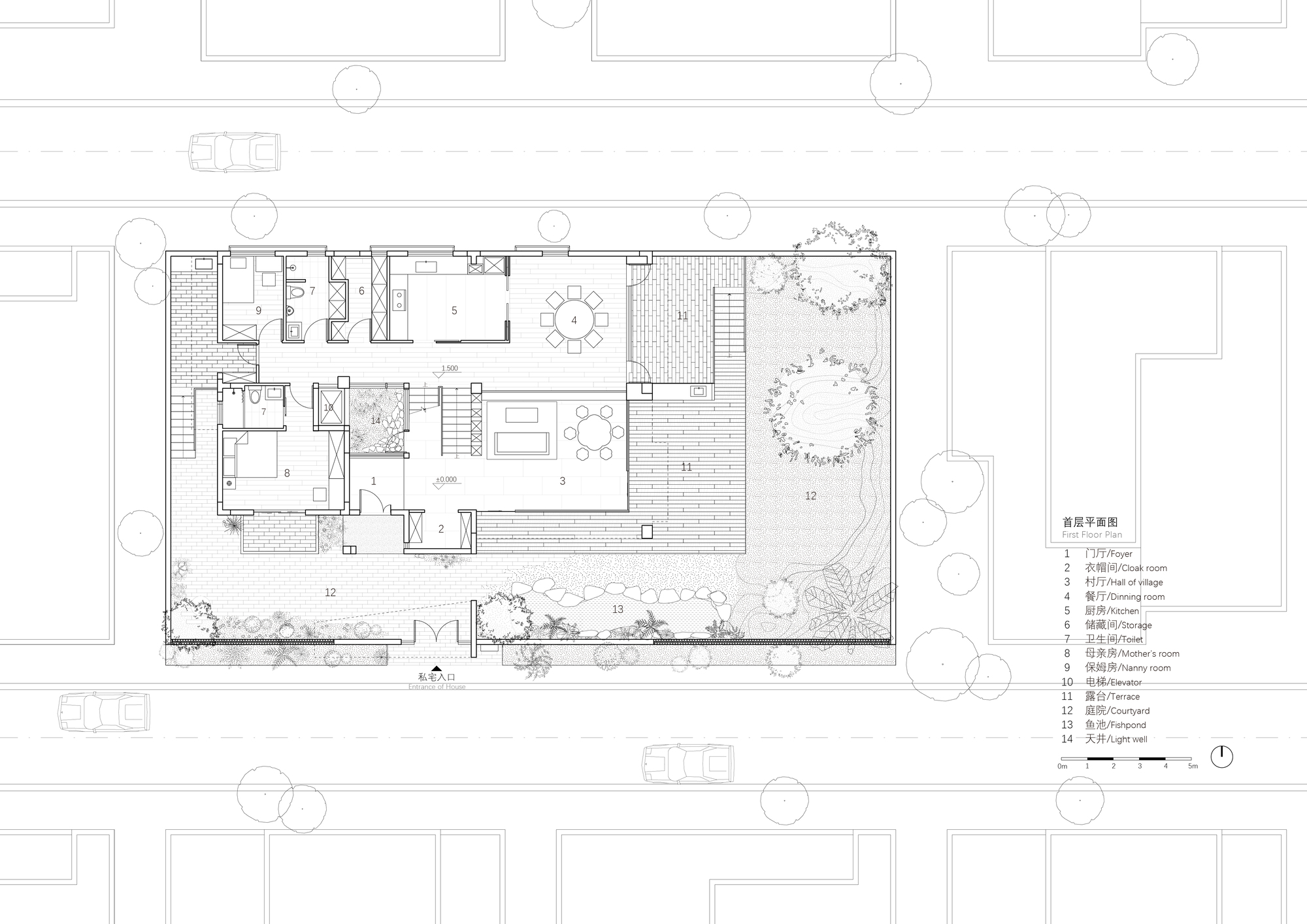 Ground floor plan drawing showing living spaces alongside courtyard garden with two circular tree canopies