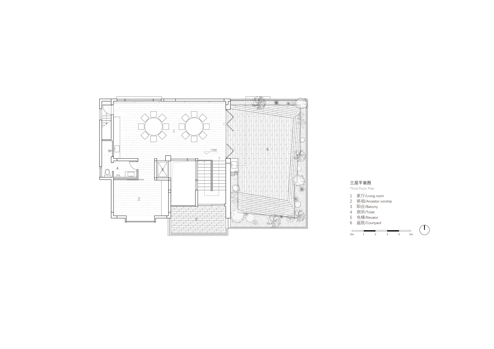 Third floor plan drawing showing two dining areas adjacent to large outdoor deck with timber decking