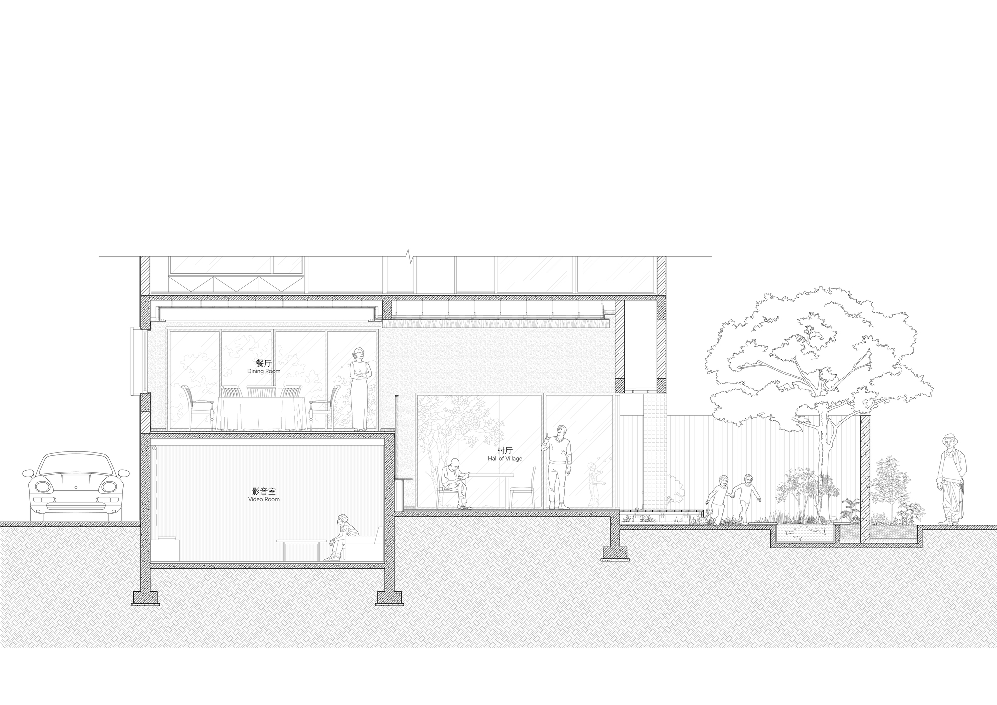 Section drawing depicting multilevel interior volumes with figures, a car, and a large tree on the right