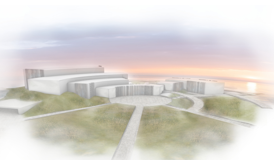 Aerial rendering of clustered volumes with vertical cladding beside grassy mounds at sunset