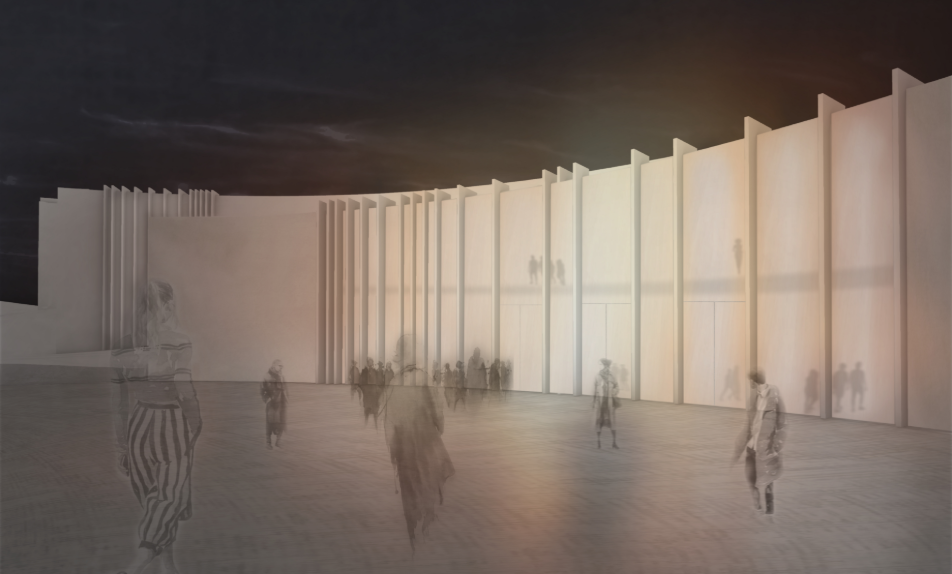 Interior rendering of a tall space with vertical fins and visitors moving through shadowed light