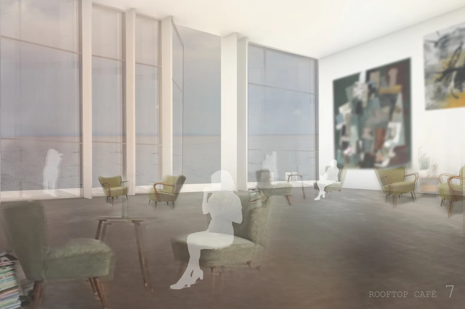 Rooftop lounge with yellow armchairs, floor-to-ceiling windows, and a large abstract painting on the wall