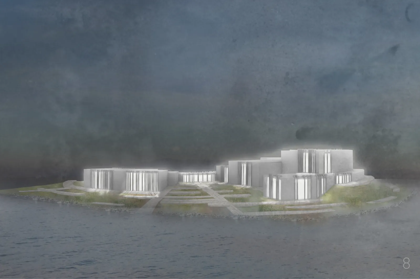 Waterfront rendering showing stepped white volumes with vertical fins under a stormy sky