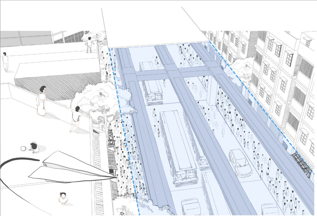 Modular seating transforms the elevated structure into an active social space for rest and community interaction.