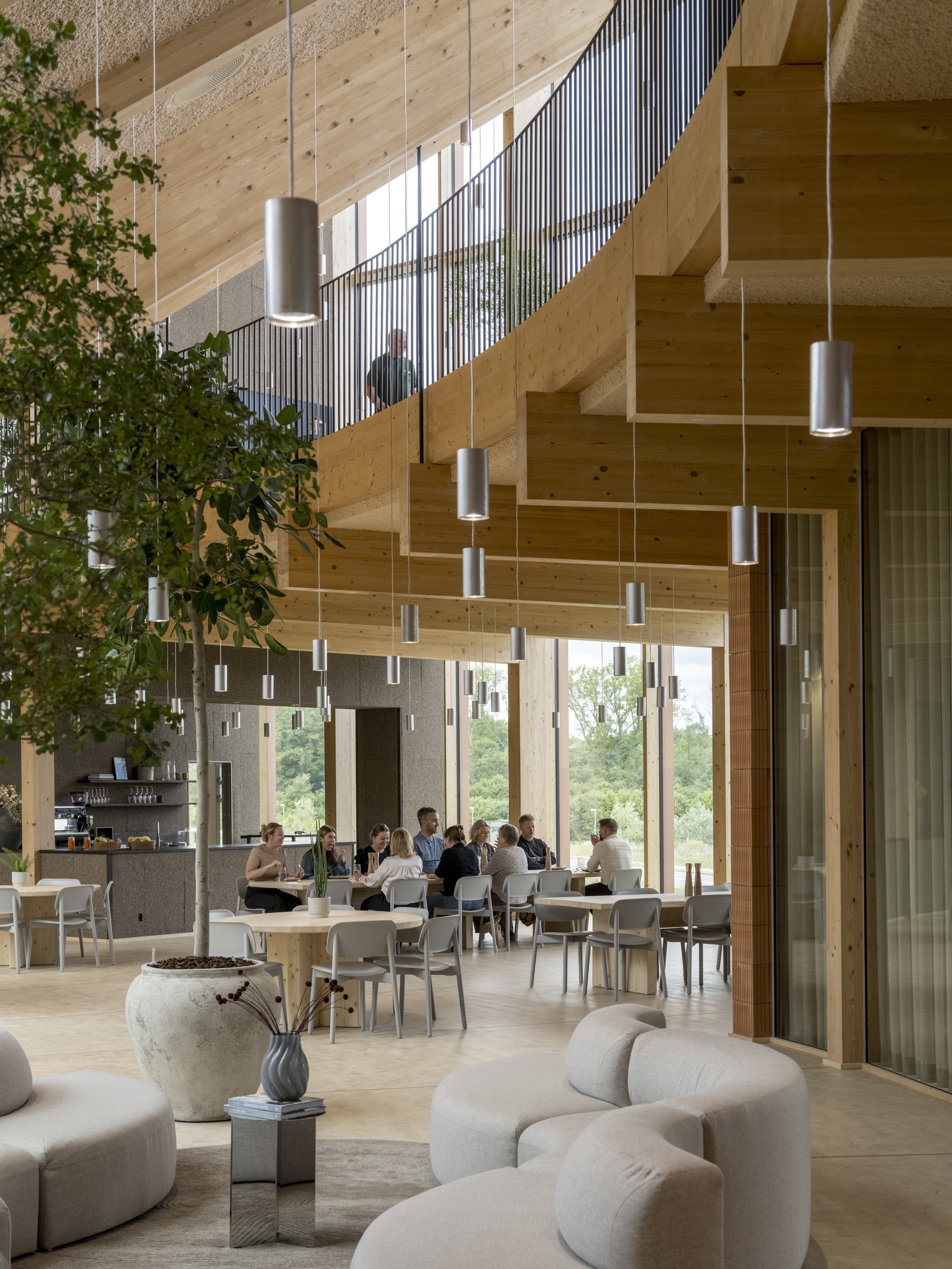 Double-height lobby with suspended cylindrical pendants, planted trees and timber staircase with vertical metal balustrade