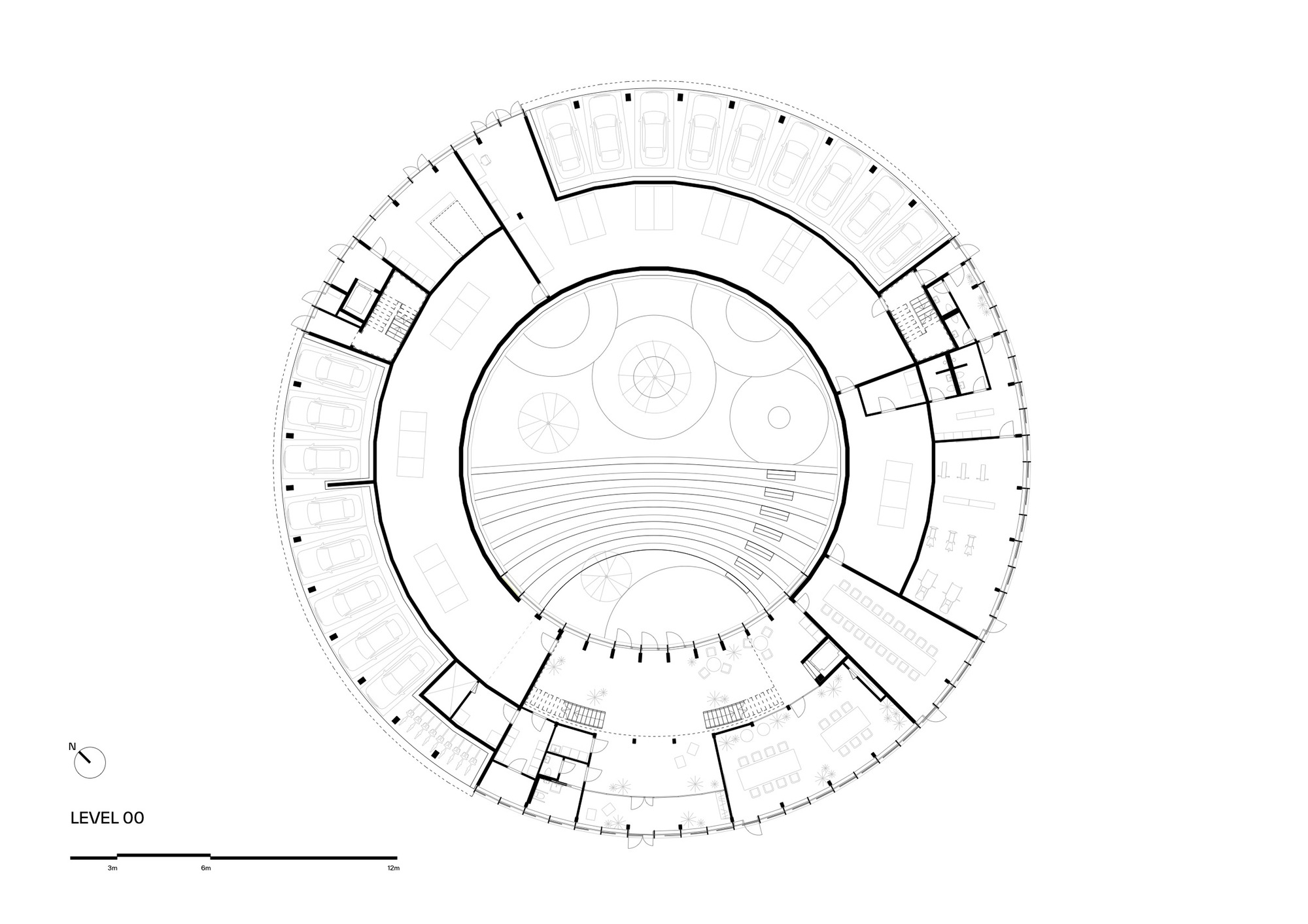 Floor plan drawing of a circular ring layout with central courtyard and radial room divisions