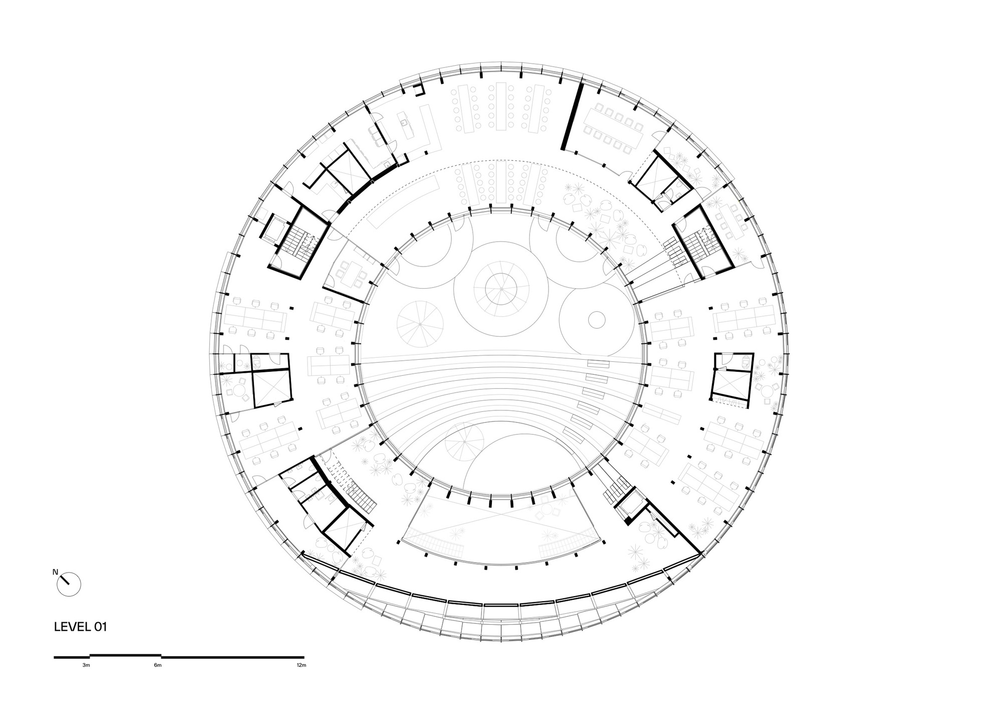 Floor plan drawing showing a circular structure with a central arena and perimeter rooms arranged radially