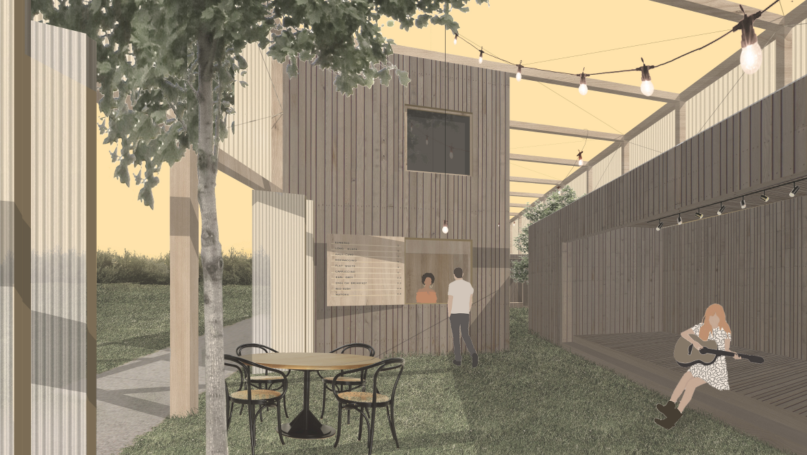 Timber coffee stage opens into a green courtyard, where barista service, public seating, and performance space merge.