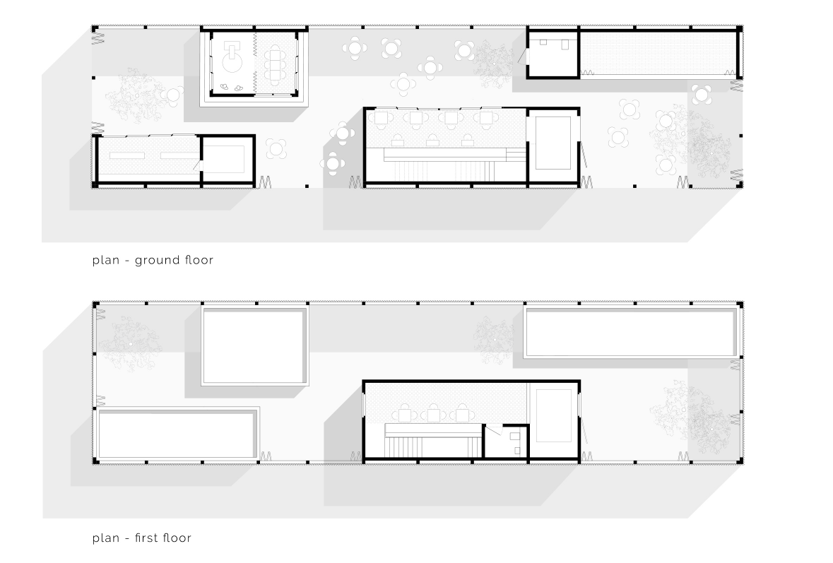 Ground and first floor plans show the café’s staged sequence of roastery, seating, shop, yards, and public platform.