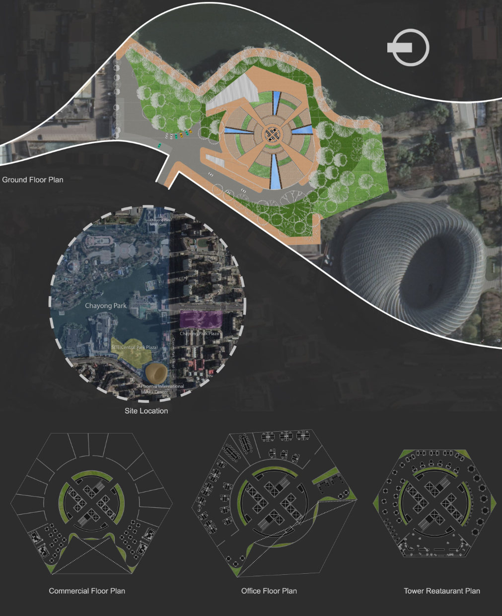 Site plan and floor layouts showing the tower’s circular organization and mixed-use program.