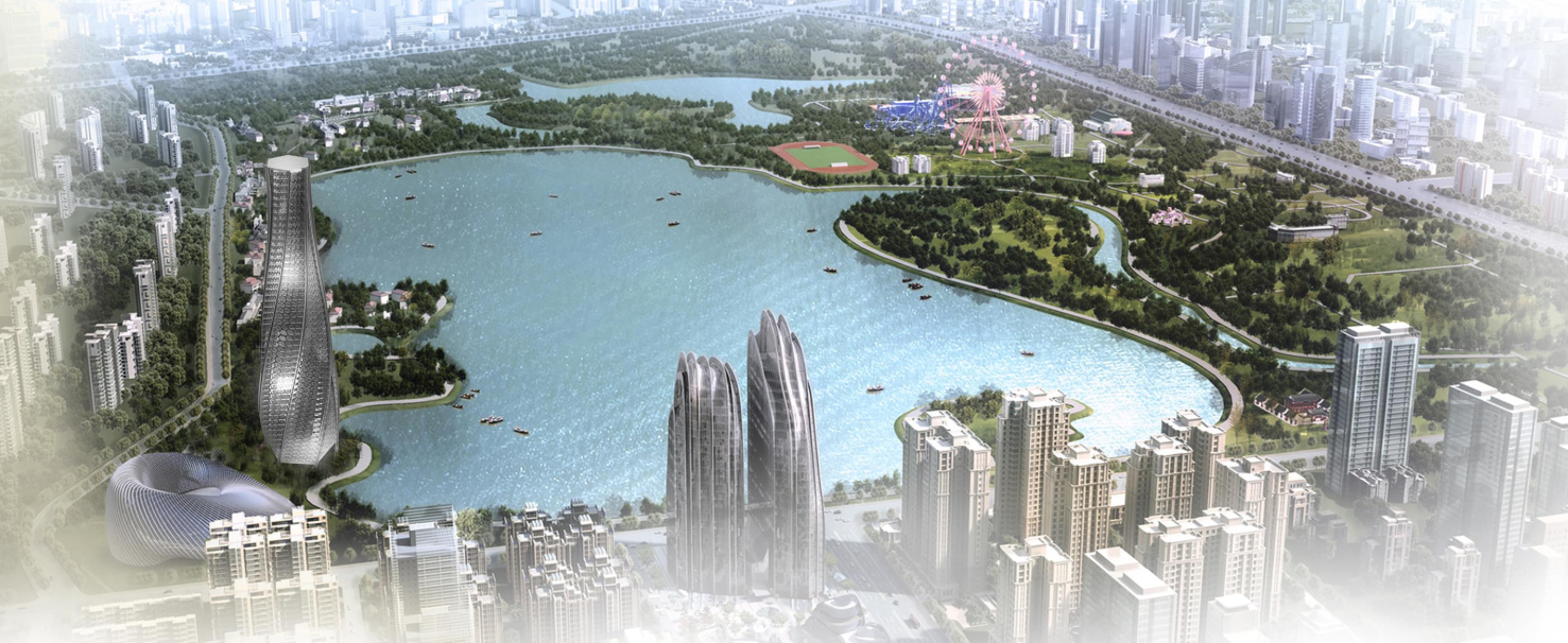 Breathing Tower positioned beside Chaoyang Park within Beijing’s dense urban landscape.