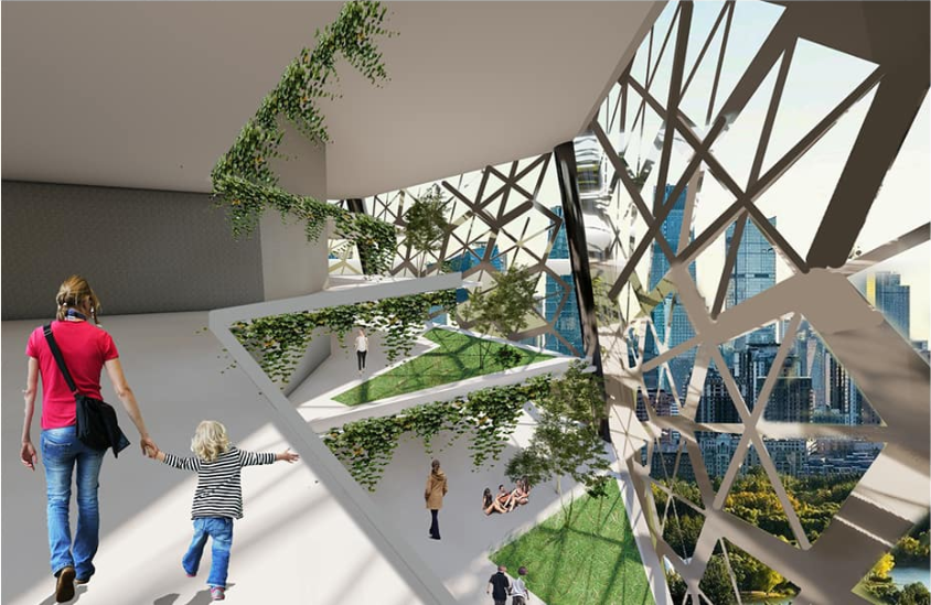 A landscaped public podium connects the skyscraper with the surrounding urban community.