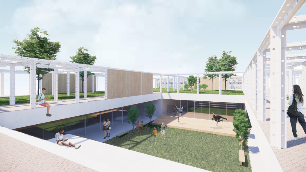 Open courtyard framed by a flexible grid for learning, gathering, and performance.