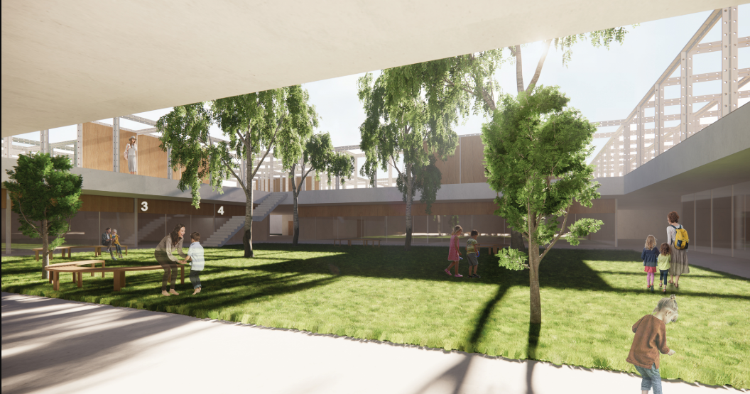 Landscaped social courtyard connecting protected interiors with adaptable outdoor learning spaces.