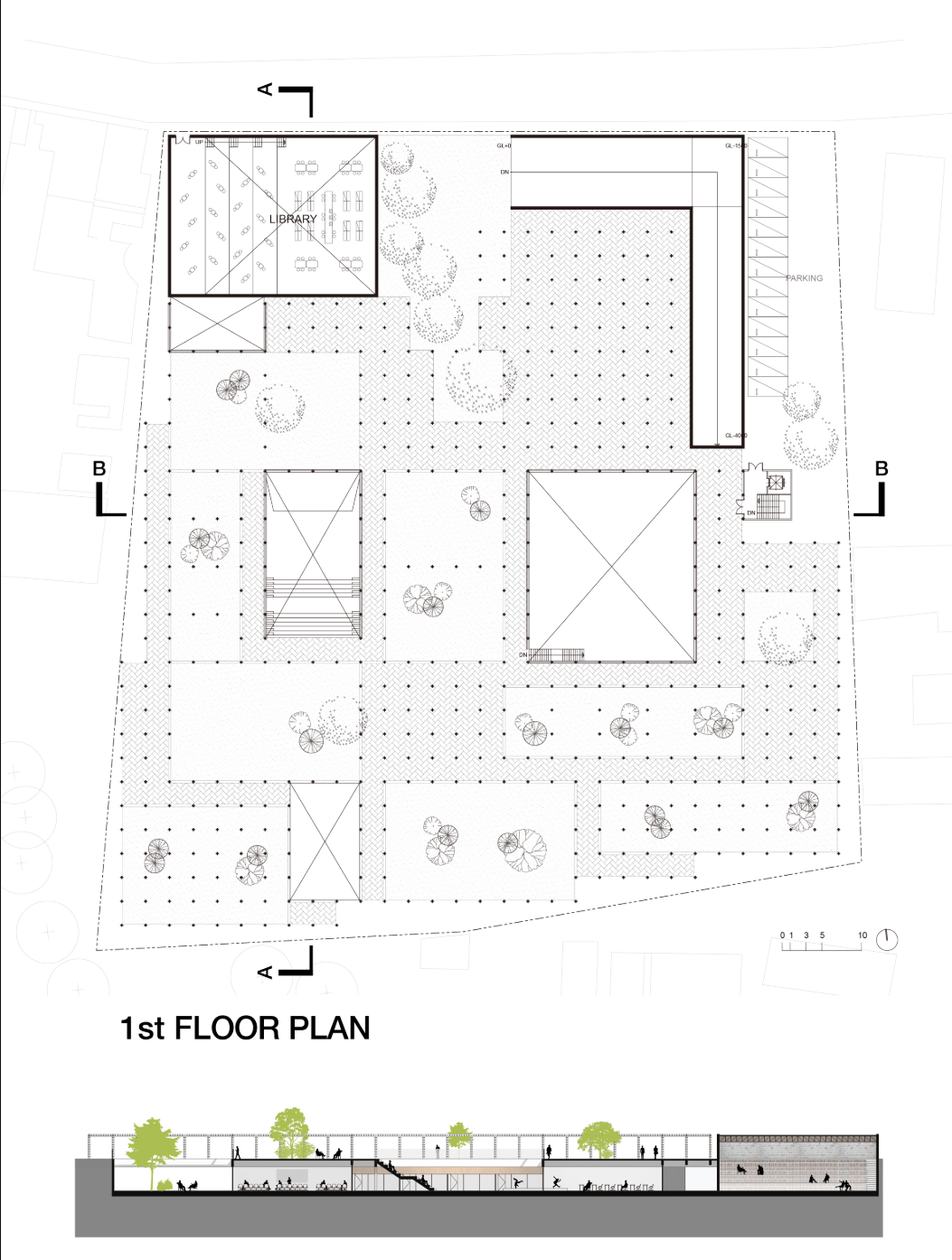 First-floor plan and section illustrating courtyards, circulation, landscape, and flexible spatial organization.