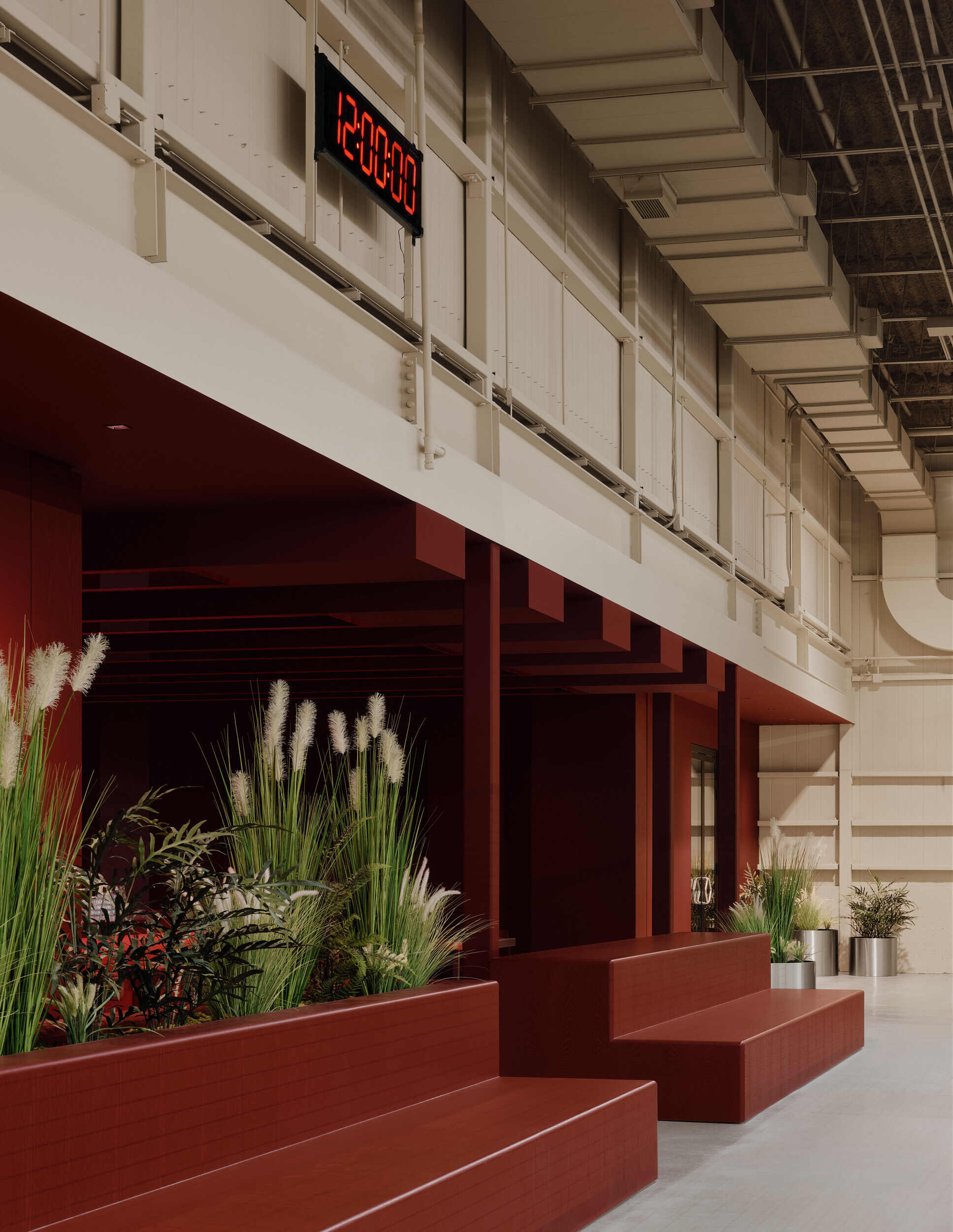 Storefront opening framed by rust-colored portal with tiered planters filled with tall grasses and succulents