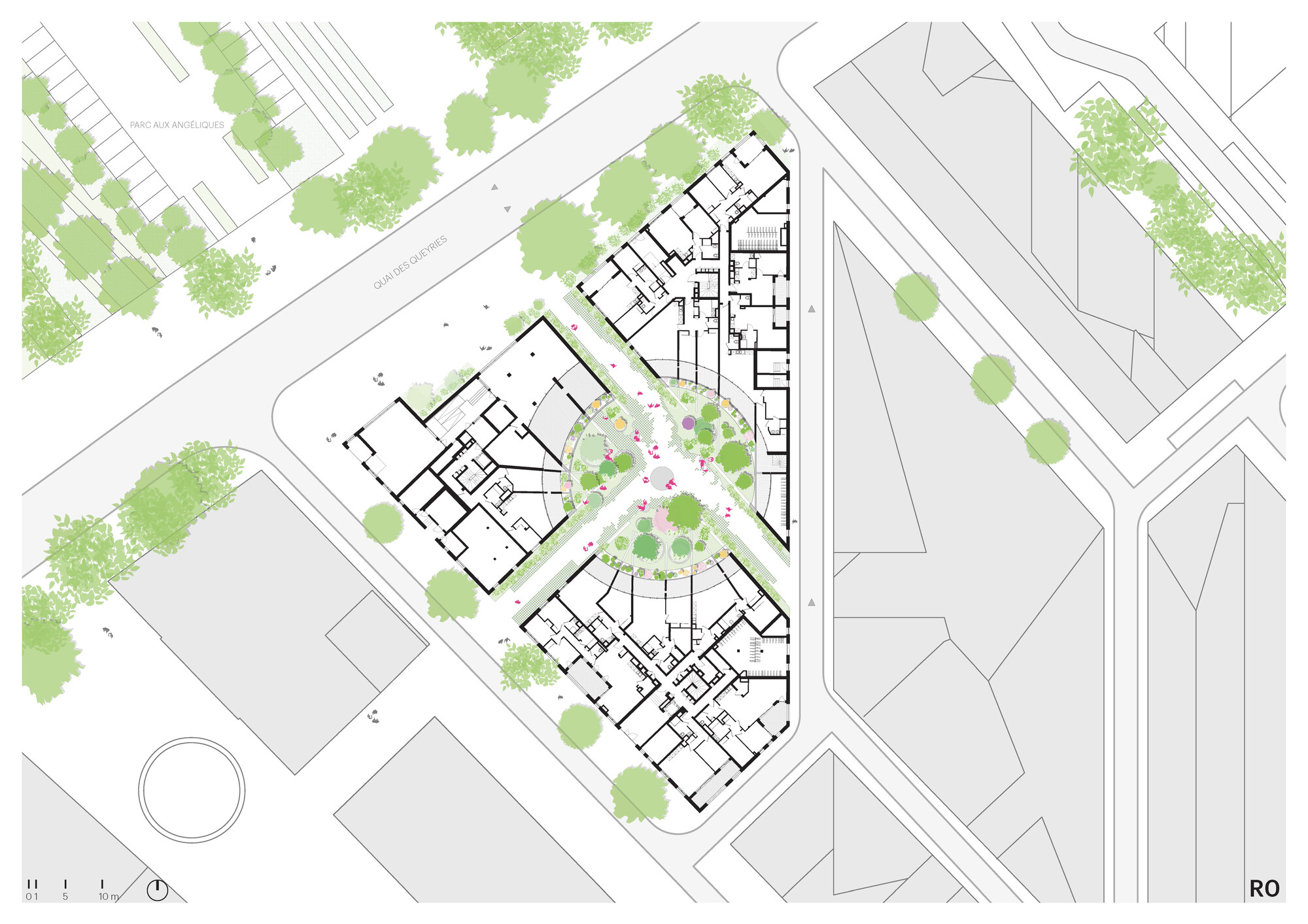 Ground floor plan showing residential units arranged around a central courtyard with trees and planted areas