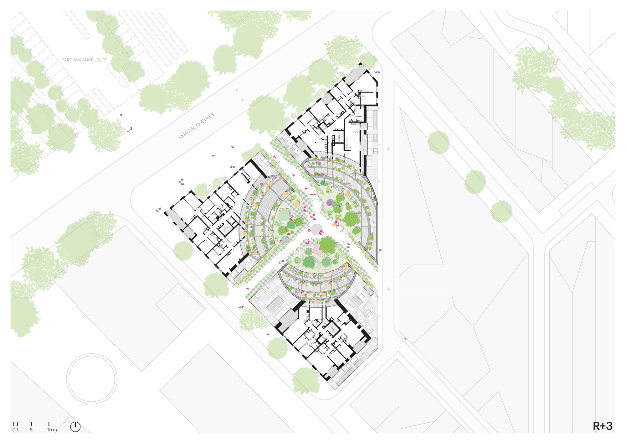 Upper floor plan showing residential units flanking a landscaped courtyard with terraced planting and circulation paths