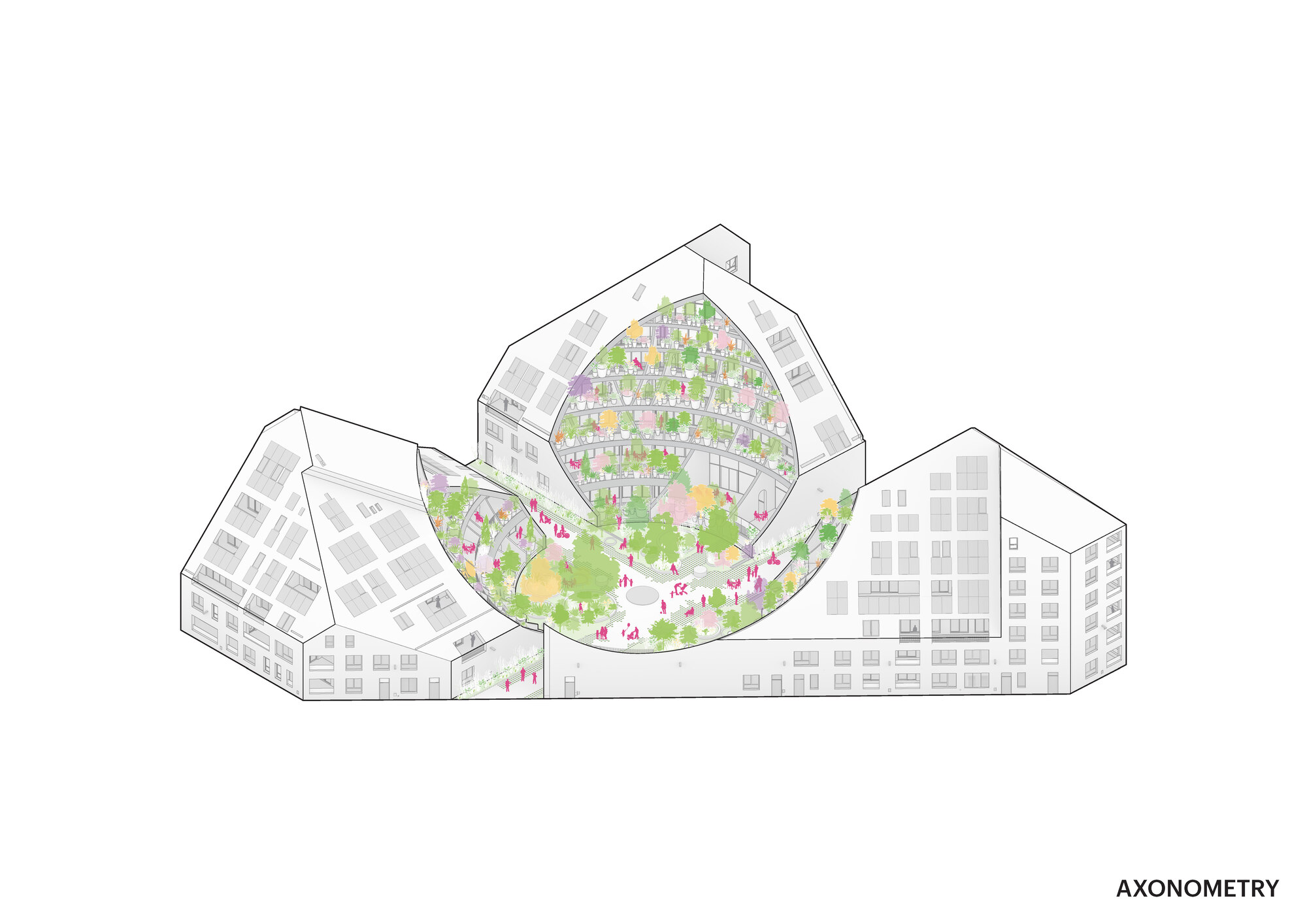 Axonometric drawing showing three connected volumes with a central courtyard filled with trees and landscaping