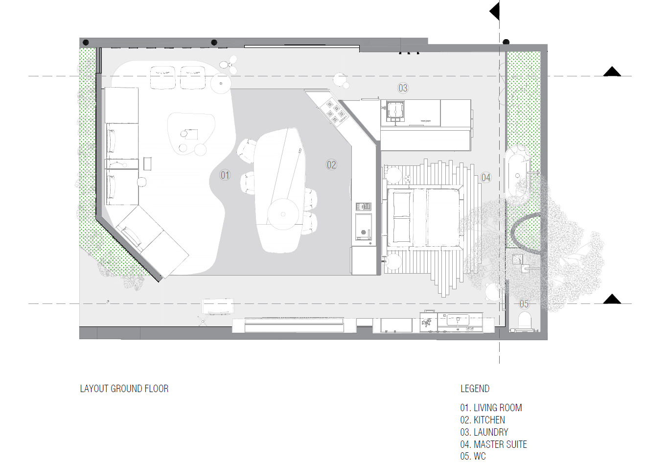 Ground floor plan showing living room, kitchen, laundry, master suite and green outdoor spaces