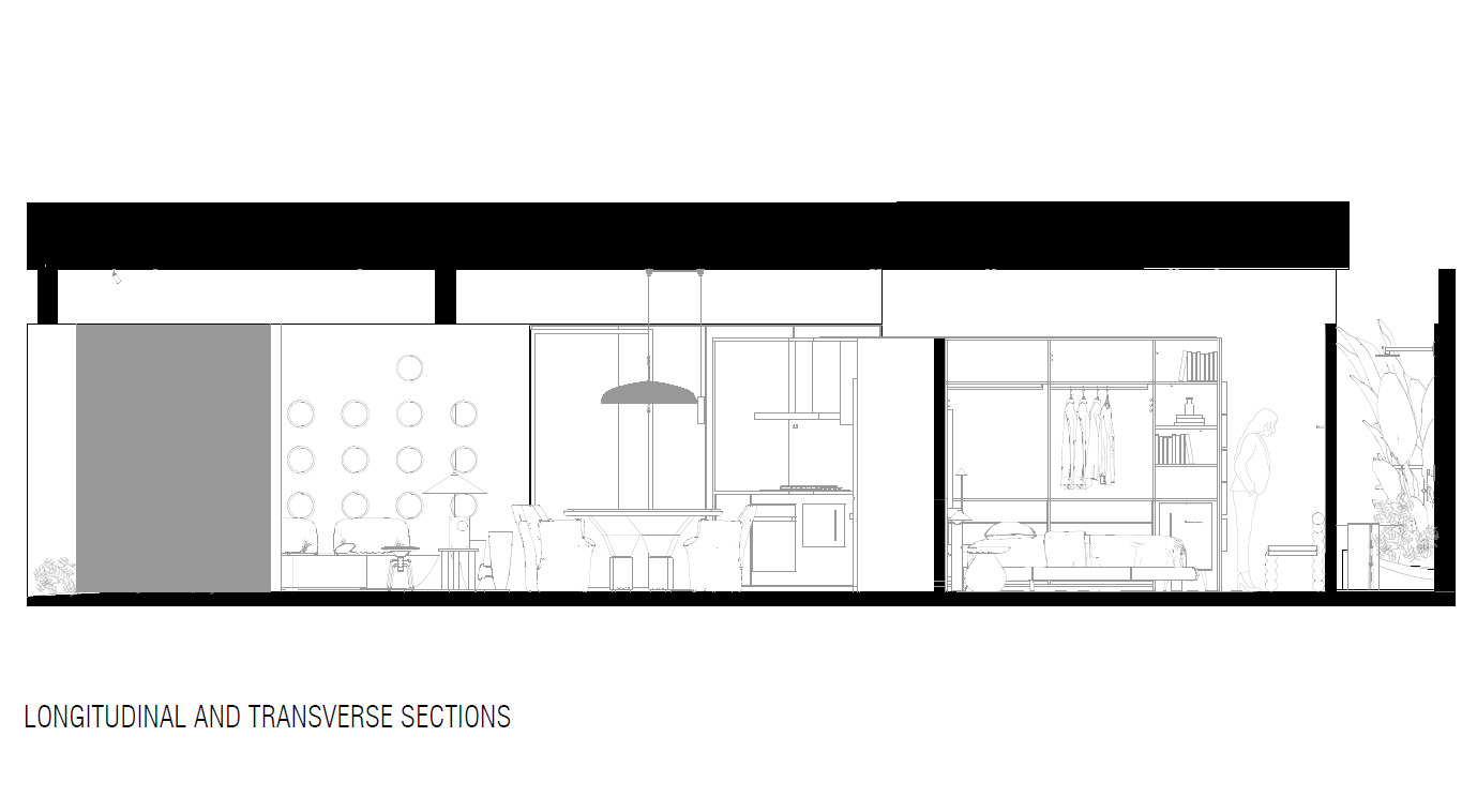 Longitudinal section drawing showing dining area with wine storage and kitchen with built-in appliances