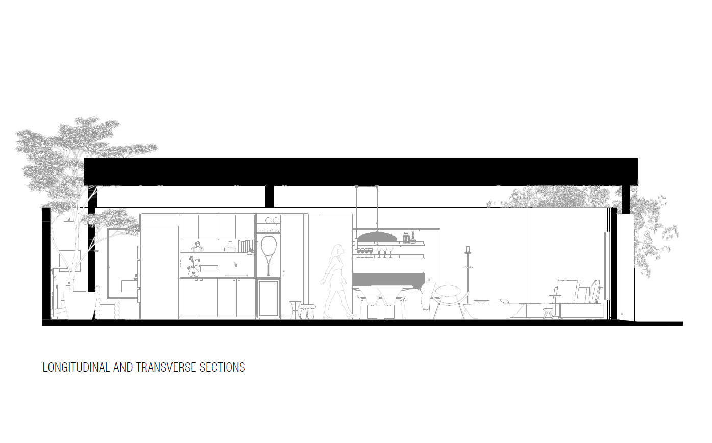 Transverse section drawing revealing bathroom, kitchen bar seating, and bedroom with exterior trees