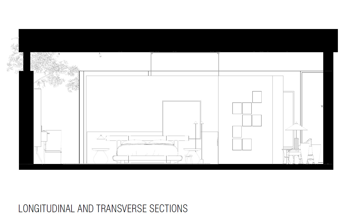 Longitudinal section drawing showing bedroom with wall art grid and adjacent closet space