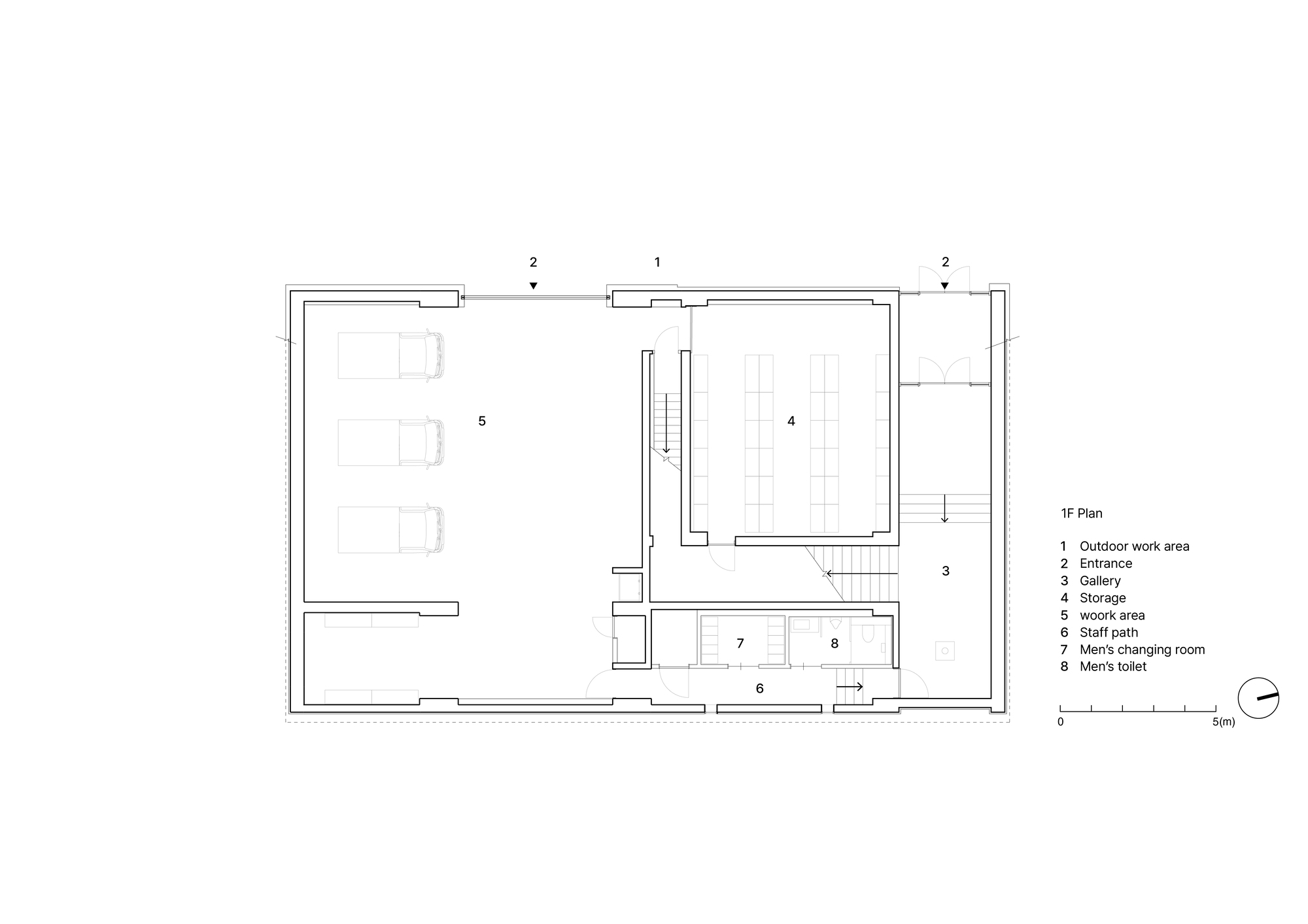 First floor plan drawing showing central stair, gallery space, storage and outdoor work area